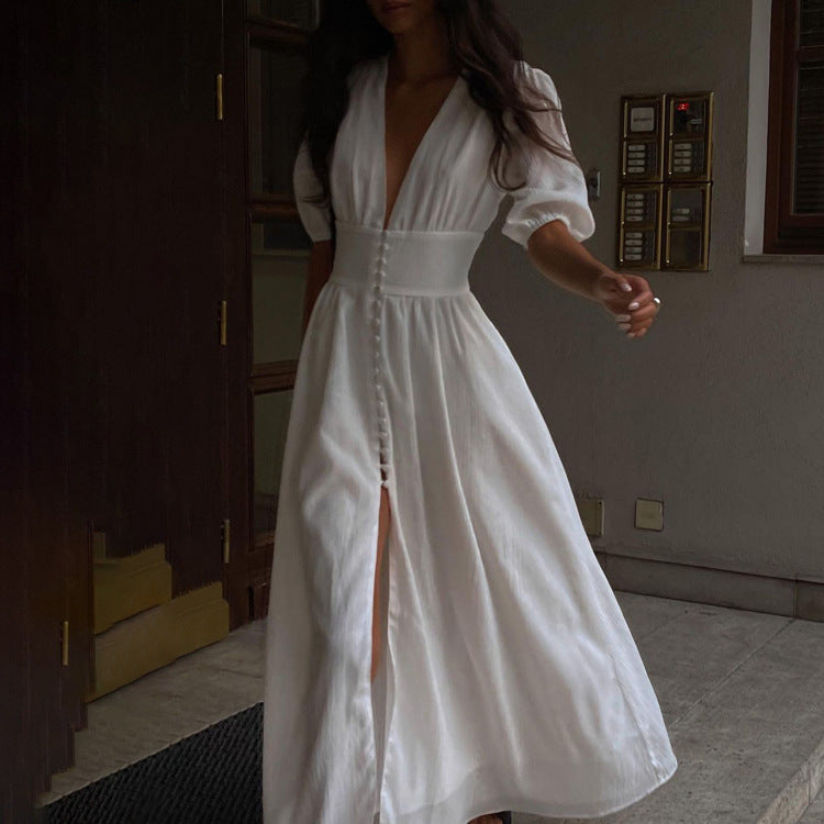 summer dresses for women white slit puff sleeve midi