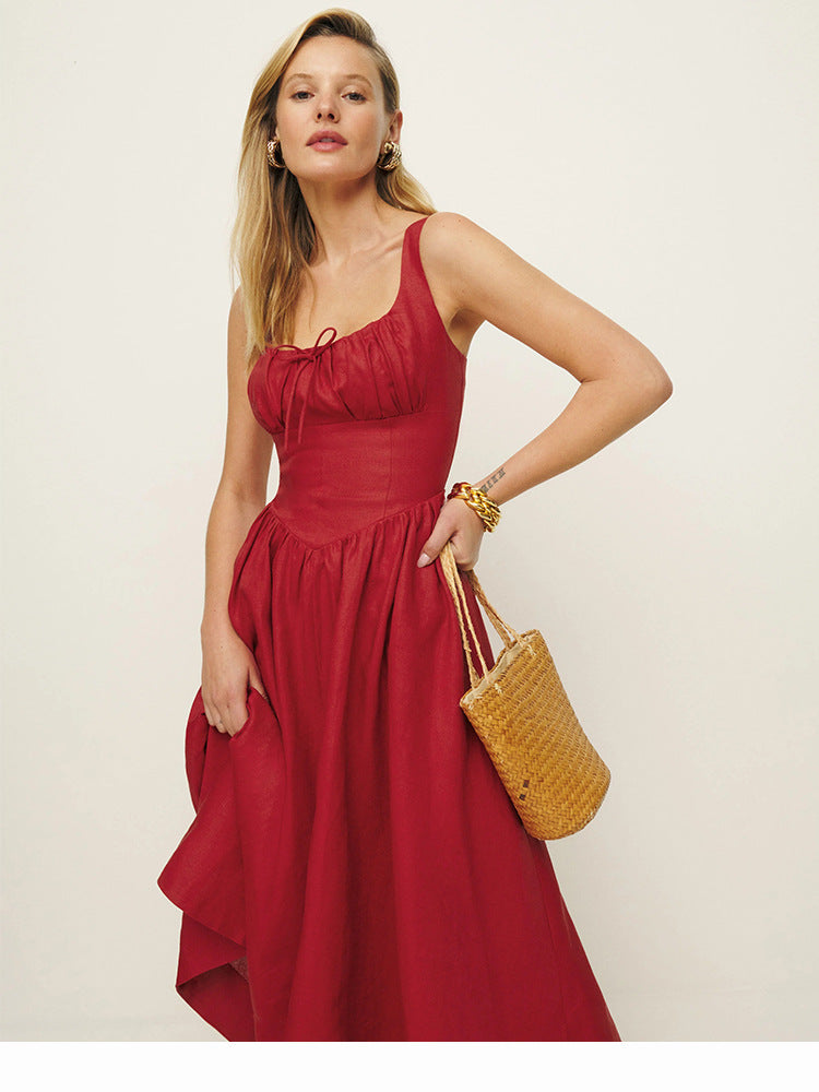 White linen a line midi sundress square neck summer
