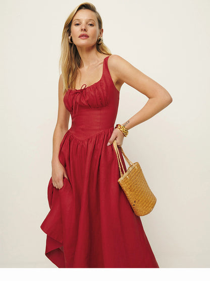 White linen a line midi sundress square neck summer
