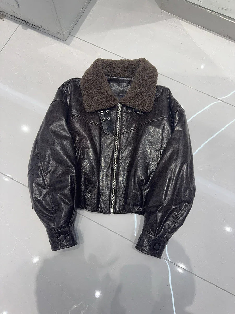 women genuine sheepskin bomber jacket with fur collar 1 M