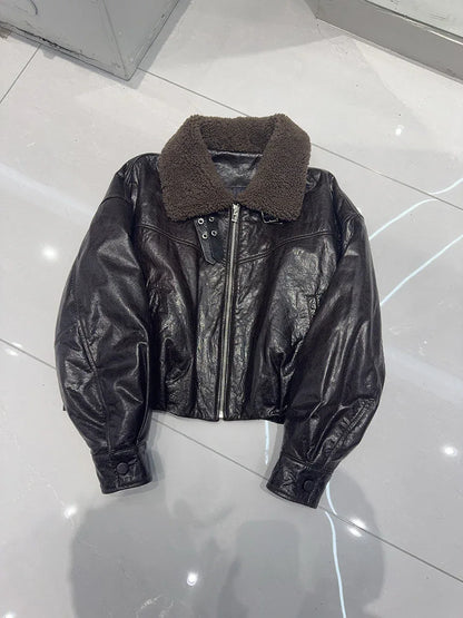 women genuine sheepskin bomber jacket with fur collar 1 M