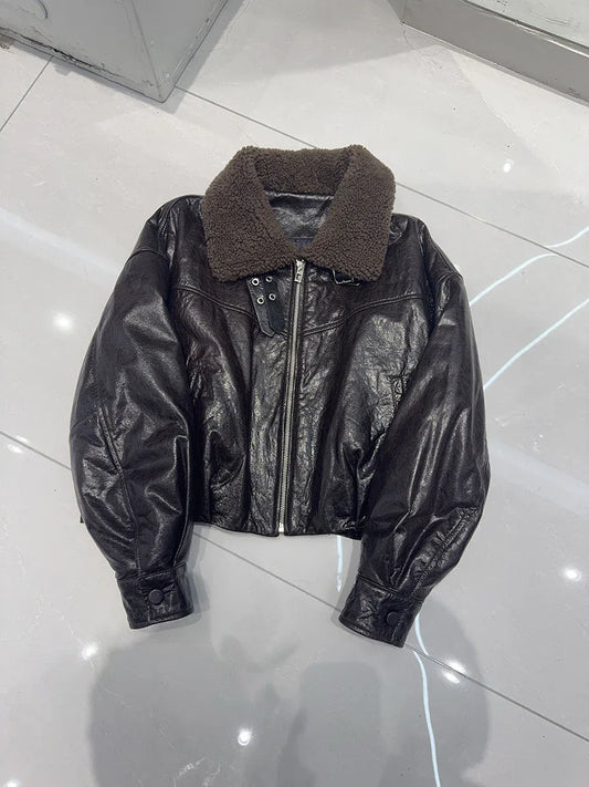women genuine sheepskin bomber jacket with fur collar 1 M