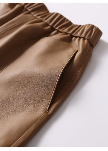 Women’s Genuine Sheepskin Leather High Waist Shorts with Pockets