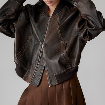 Women’s Genuine Leather Bomber Jacket Retro Baseball Style Coat