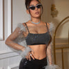 Diamond mesh top women rhinestone sheer long sleeve party
