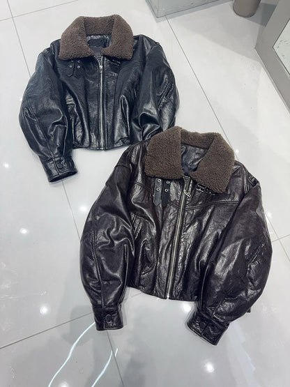 women genuine sheepskin bomber jacket with fur collar