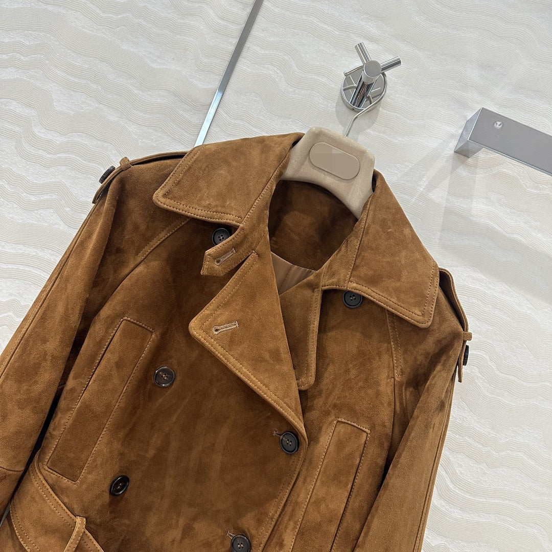 Women Cropped Suede Short Trench Jacket with Belt