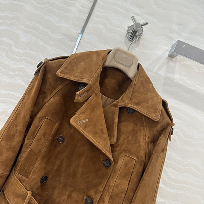 Women Cropped Suede Short Trench Jacket with Belt