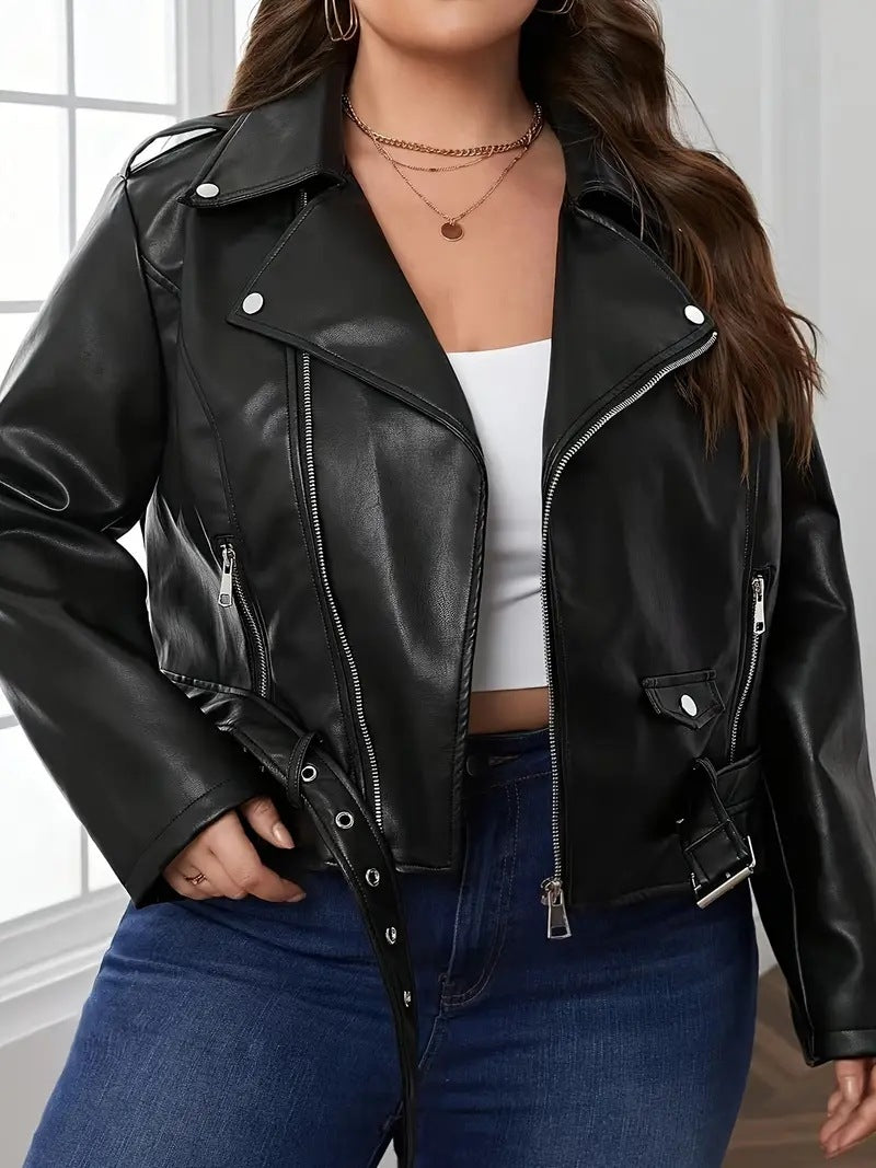 Black Faux Leather Biker Cropped Jacket for Women