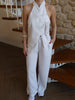 White pinstripe tie front halter vest and wide leg pants set