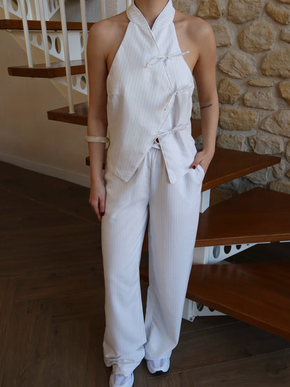 White pinstripe tie front halter vest and wide leg pants set