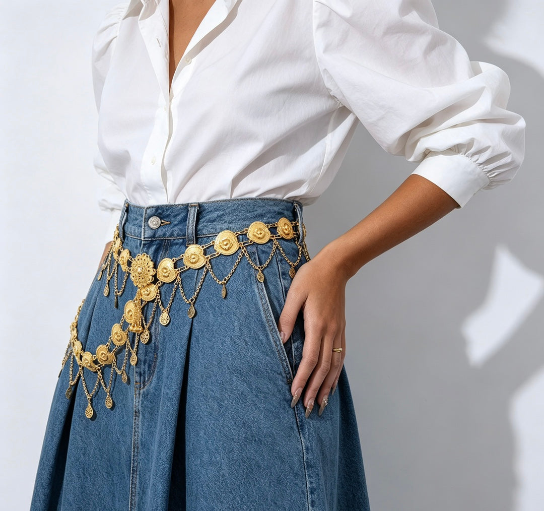 Gold Waist Chain with Ornate Tassels and Layered Medallions