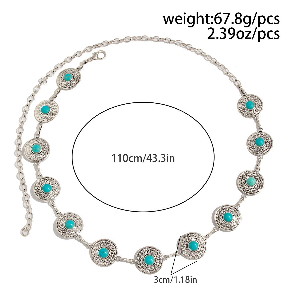 Women's Imitation Turquoise Waist Chain in Silver Tone Metal