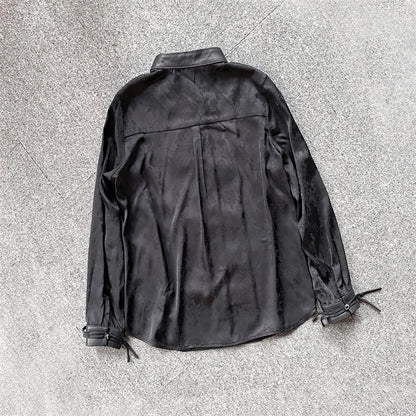Leather Top for Women with Jacquard Sleeves and Mandarin Collar