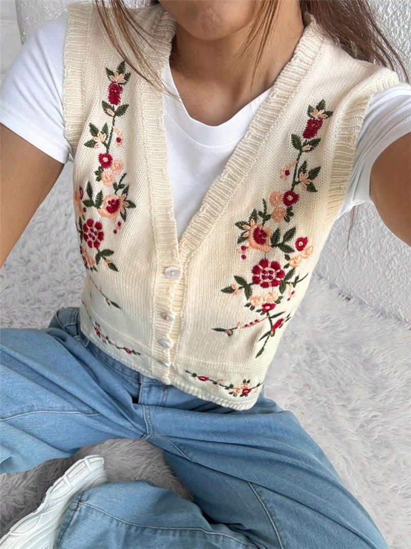 Embroidered Knitted Sweater Women’s Vest Floral Button Front Crop