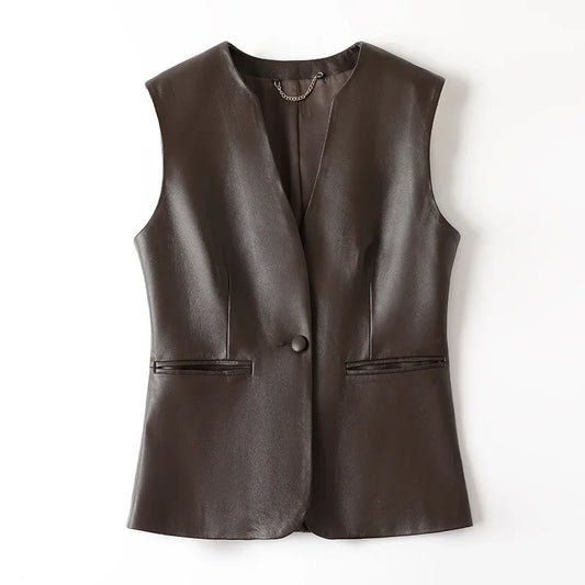 Women Leather Office Vest in Genuine Sheepskin