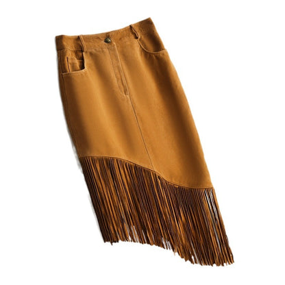 Brown Suede Fringe Leather Skirt Tassel Bodycon