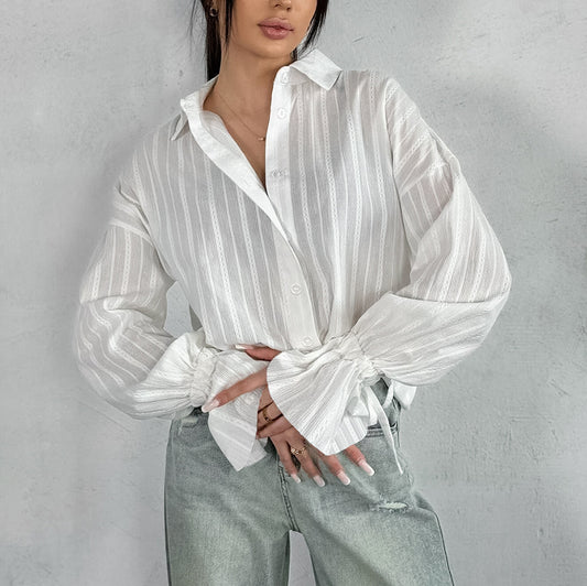 Women’s White Jacquard Cotton Shirt with Bell Sleeves