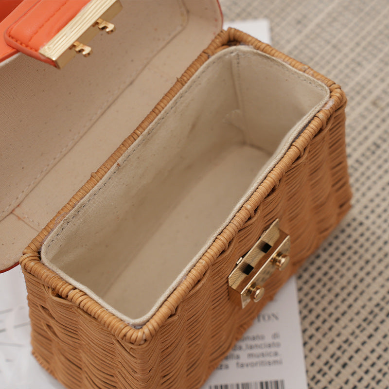 Woven Summer Handbag with Leather Handle & Lock