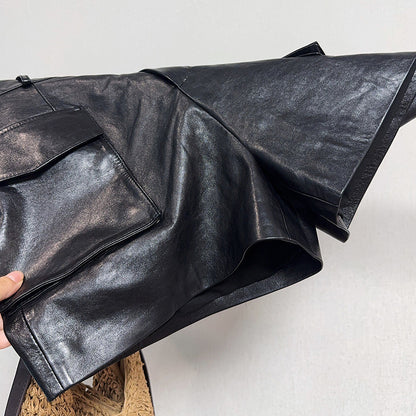 High Waisted Black Genuine Leather Shorts with Front Pockets