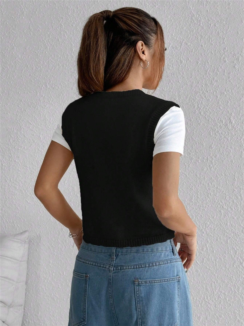 Embroidered Knitted Sweater Women’s Vest Floral Button Front Crop