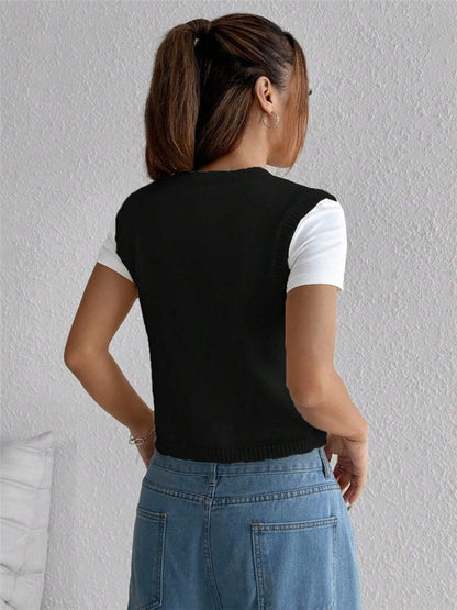Embroidered Knitted Sweater Women’s Vest Floral Button Front Crop