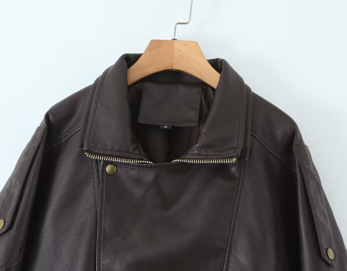 Oversized Brown PU Leather Biker Jacket Double Collar Motorcycle