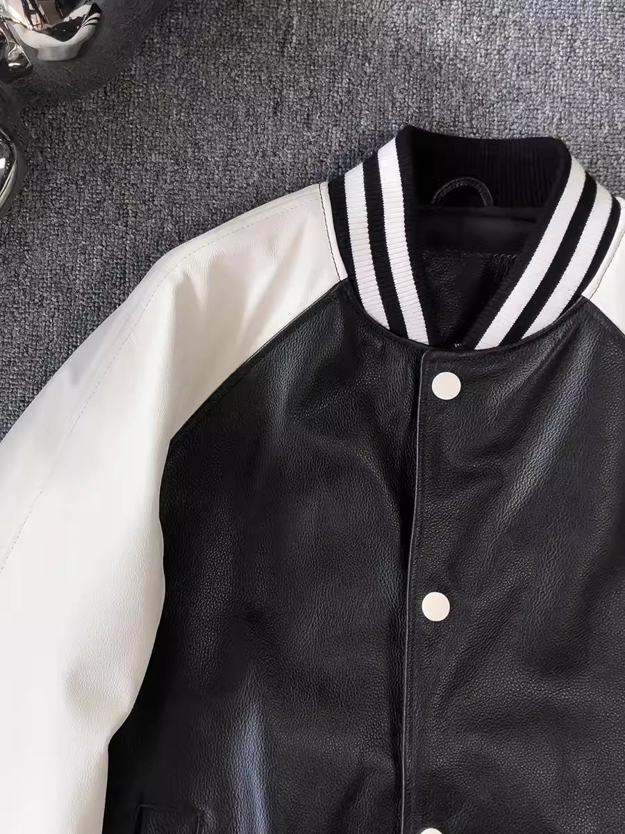 Men Genuine Leather Varsity Jacket Bomber