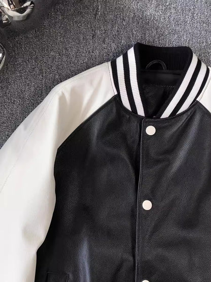 Men Genuine Leather Varsity Jacket Bomber