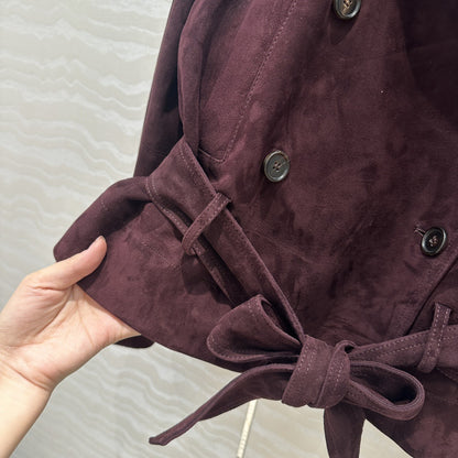 Women Cropped Suede Short Trench Jacket with Belt