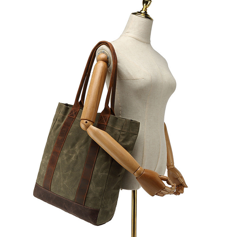 Canvas Tote Bag with Waxed Finish and Genuine Leather Handles