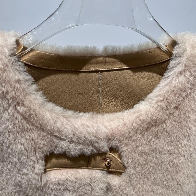 Women Leather Real Fur Coat Short Shearling Round Neck Jacket