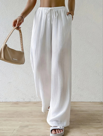White Cotton Lounge High Waisted Pants for Women with Pockets