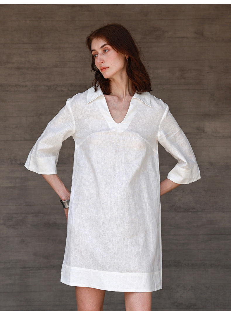White linen shirt dress v neck half sleeve summer casual