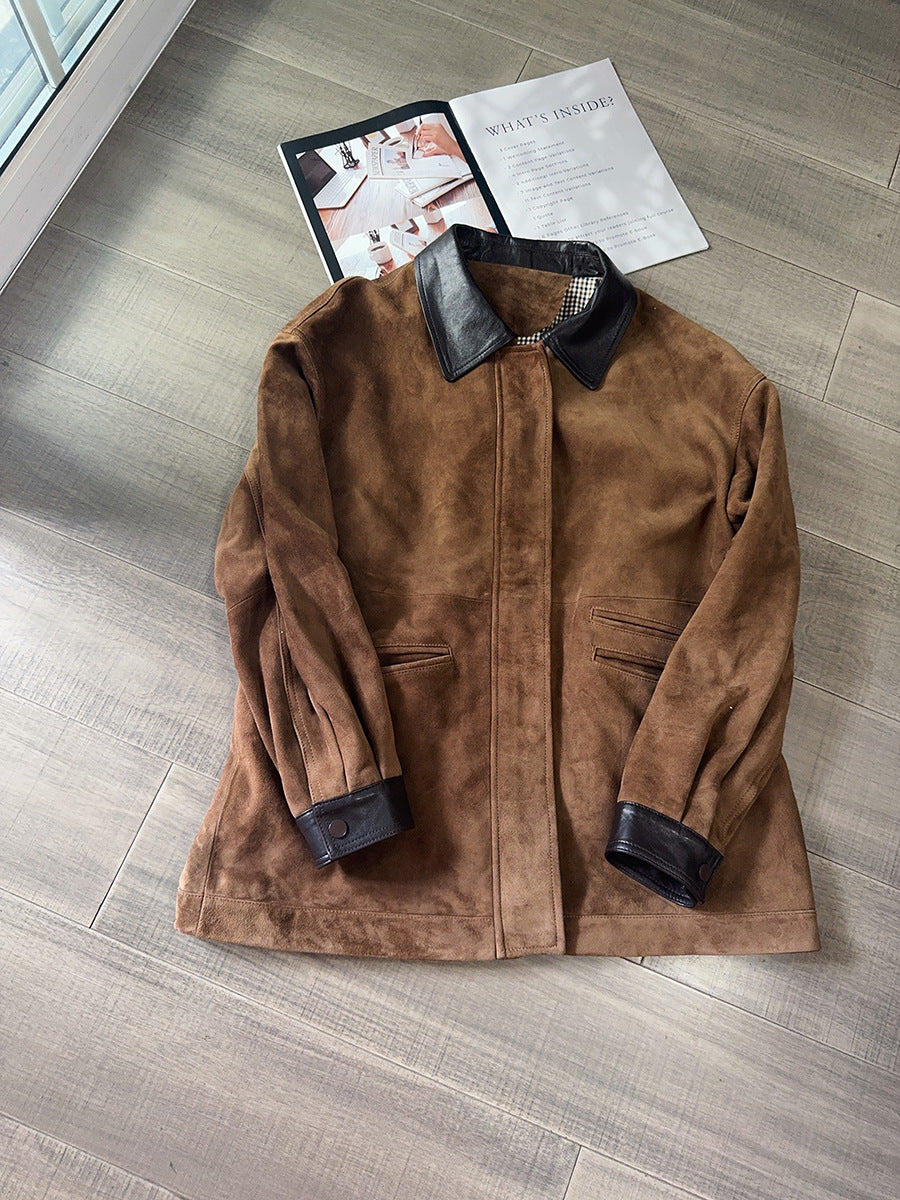Women’s Goatskin Suede Shirt Jacket with Leather Collar