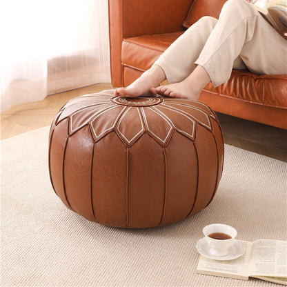 Round Faux Leather Pouf Ottoman Cover with Pumpkin Stitching