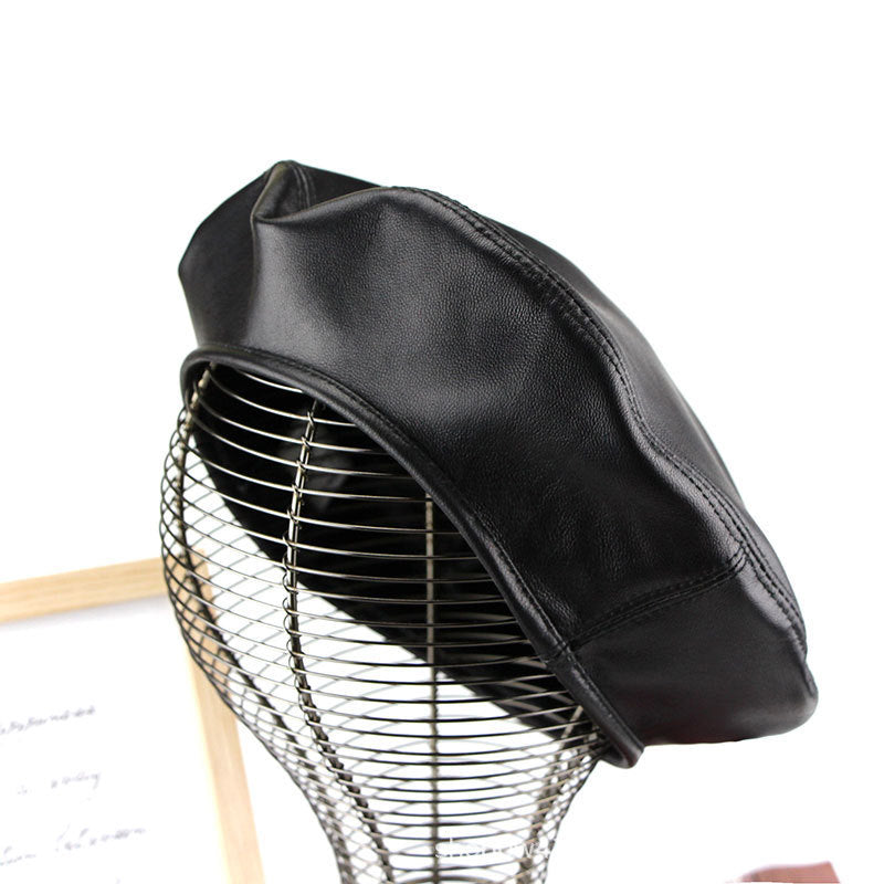Leather womens beanie with black beret crown