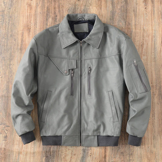 Men Grey Genuine Leather Bomber Jacket