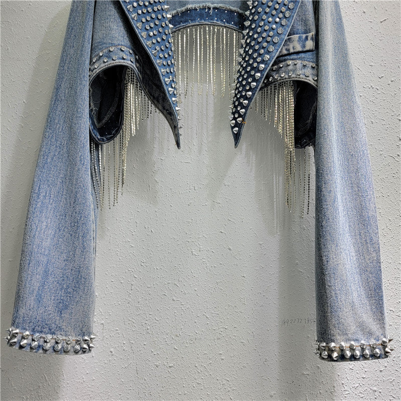 Women Beaded Fringe Tassels Rivet Denim Cropped Jacket