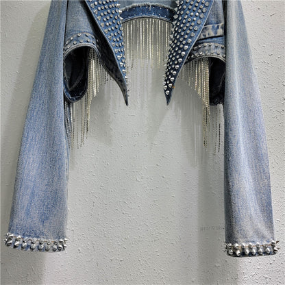 Women Beaded Fringe Tassels Rivet Denim Cropped Jacket