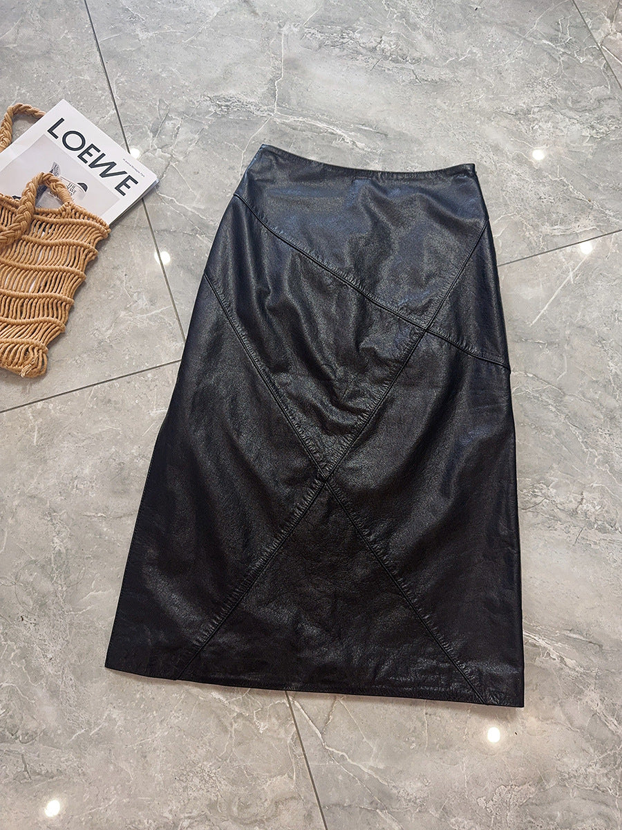 Women’s Genuine Leather High Waist Midi Skirt with Slit