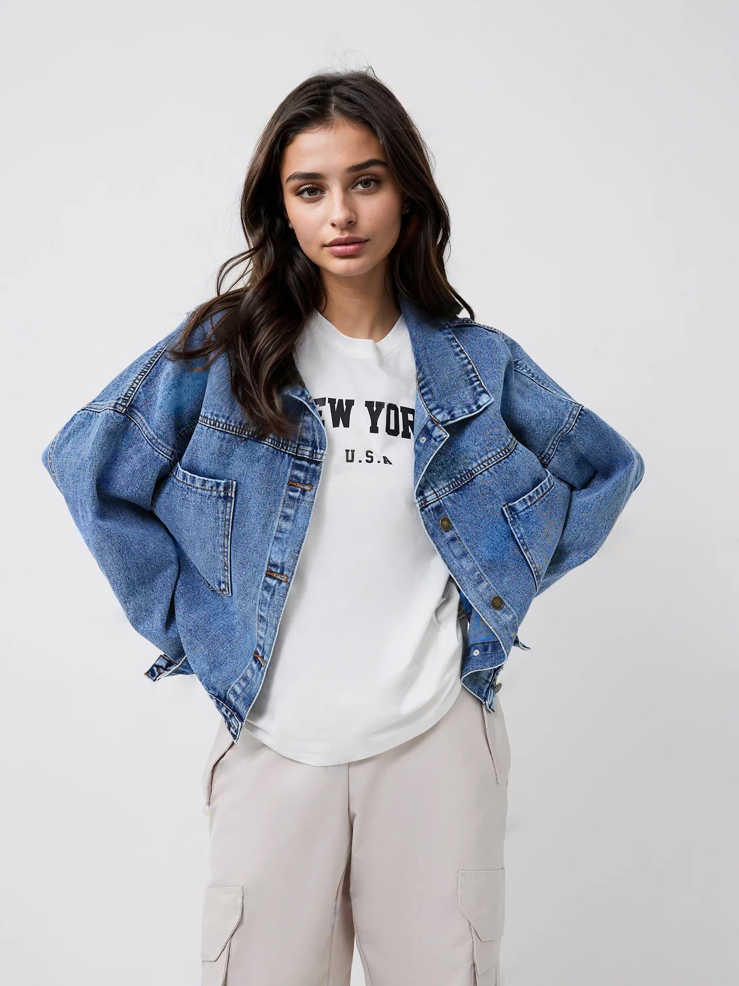 oversized denim jacket women dual pocket