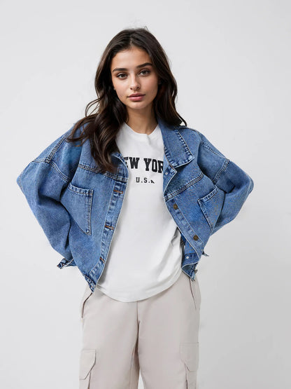 oversized denim jacket women dual pocket