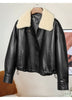 Women shearling collar leather flight jacket Black S