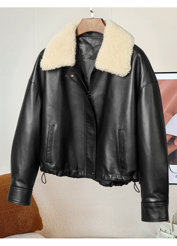Women shearling collar leather flight jacket Black S