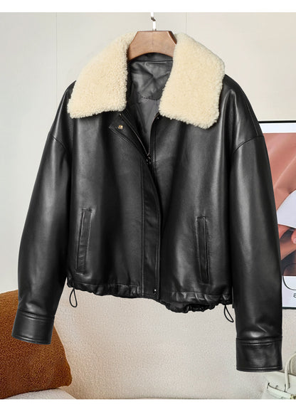 Women shearling collar leather flight jacket Black S