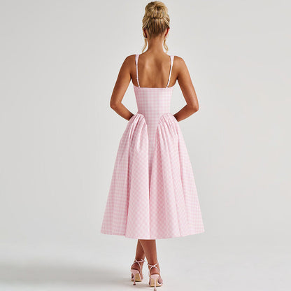 Gingham French Style Plaid Midi Princess Dress