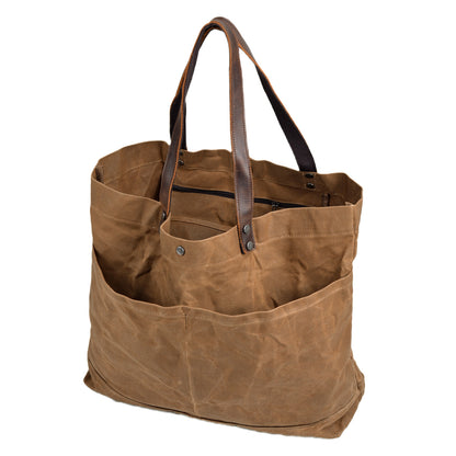 Waxed Canvas Tote Bag with Top-Grain Cowhide Shoulder Handles