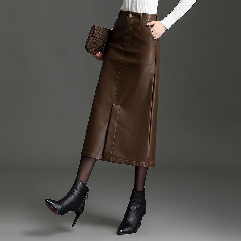 Black PU Leather Midi Pencil Skirt with Slit