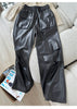Women Genuine Leather High Waisted Cargo Pants
